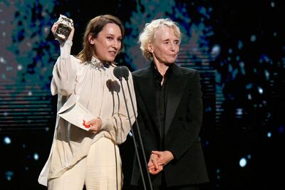 Emmanuelle Bercot and Claire Denis accept the Best Director Award on behalf of Roman Polanski for the film 'J'accuse (An Officer and A Spy) during the 45th Cesar Awards ceremony in Paris, France, on Friday, February 28. Reuters