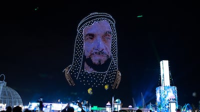 A drone display shows Sheikh Zayed, the Founding Father, at Sheikh Zayed Heritage Festival in Al Wathba, Abu Dhabi. Victor Besa / The National