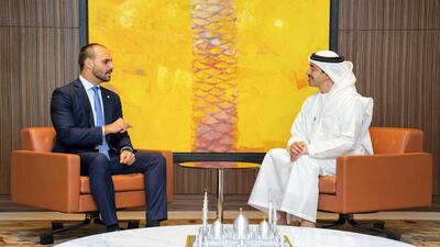 Sheikh Abdullah bin Zayed, Minister of Foreign Affairs and International Cooperation, meets Eduardo Bolsonaro, member of the Brazilian Chamber of Deputies, who is currently visiting the UAE. Wam