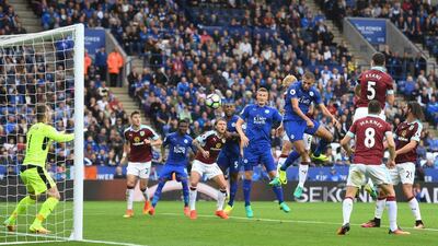 Islam Slimani of Leicester City scores his side’s first goal. Michael Regan / Getty Images