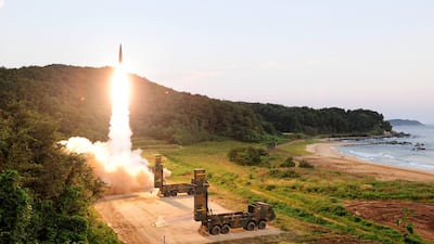 A Hyunmoo-2 missile being launched in South Korea as part of a live-fire exercise. The US will 'substantially reduce' military exercises this week with South Korea. EPA