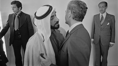Sheikh Zayed and Mohammad Reza Pahlavi, the Shah of Iran, at the Opec summit in Algiers, 1975. Getty Images