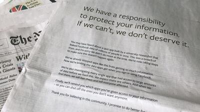 An advertisement in The New York Times in which Facebook’s CEO apologised for the Cambridge Analytica scandal. He is coming under pressure to testify to US policymakers over the data misuse. Jenny Kane/AP