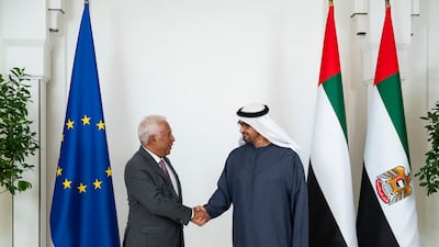 President Sheikh Mohamed shakes hands with Antonio Costa, President of the European Council, before a meeting at Al Shati Palace in Abu Dhabi. All photos: UAE Presidential Court