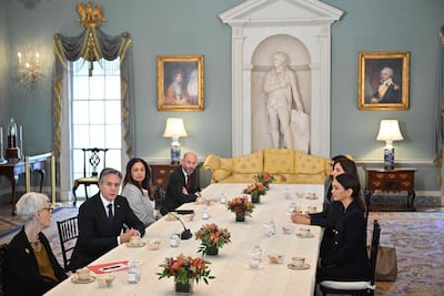 US Secretary of State Antony Blinken meets Iranian civil society activists in the Thomas Jefferson Room at the State Department in Washington on October 14, 2022. AFP