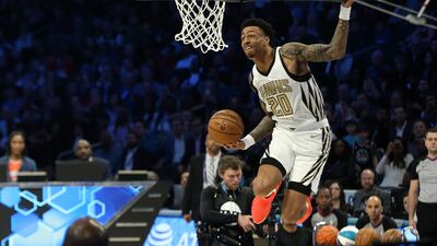 Atlanta Hawks forward John Collins in the Slam Dunk Contest during the NBA All-Star Saturday Night at Spectrum Center. Bob Donnan/USA TODAY Sports