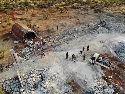 An aerial view of the site in a village in Syria's Idlib province, 5km from the Turkish border, that was hit by a US operation to kill ISIS leader Abu Bakr Al Baghdadi. AFP