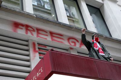 Members of the Palestine Action group hold a protest at the aerospace firm Leonardo's headquarters in London. Getty Images