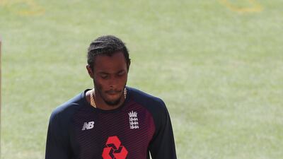England fast-bowler Jofra Archer arrives for some batting practice. AP