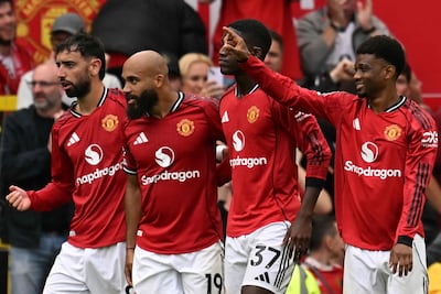 Manchester United's Bryan Mbeumo celebrates scoring the second goal with Bruno Fernandes, Kobbie Mainoo and Amad Diallo. AFP