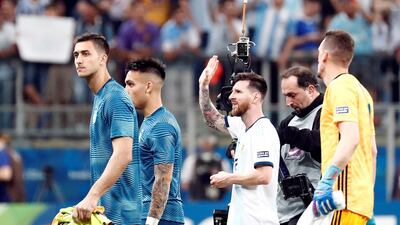 Argentina's Lionel Messi applauds fans after the 2-0 victory over Qatar to seal second spot in Group B at the 2019 Copa America and a quarter-final against Venezuela on Friday. EPA