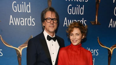 Screenwriter Charles Randolph, left, recipient of the Paul Selvin Award for his script for the film 'Bombshell', poses with his wife Mili Avital at the 2020 Writers Guild Awards at the Beverly Hilton. AP