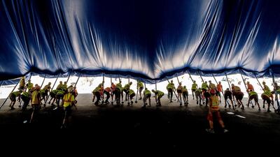 Workers set up the venue in preparation for the Cirque du Soleil show in Maspalomas, Canary Islands, Spain. EPA