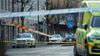 Police at the scene of an attack in Vetlanda, Sweden, where seven people were stabbed. Reuters