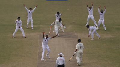 India players appeal unsuccessfully for the wicket of New Zealand's Ajaz Patel. AP