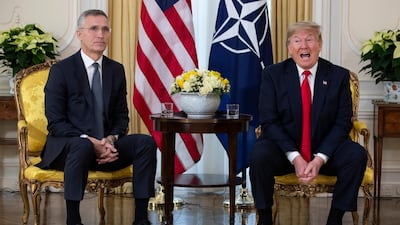 US President Donald Trump speaks during a meeting with NATO Secretary General, Jens Stoltenberg at Winfield House in London. AP Photo