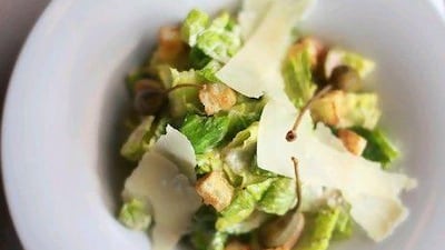Caesar salad prepared by chef Trevor at the Fairmont hotel in Abu Dhabi. Delores Johnson / The National