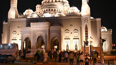 Worshippers gather at Al Noor Mosque in Sharjah to perform taraweeh prayers. All pictures by Ahmed Ramzan for The National
