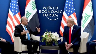 US President Donald Trump meets Iraq's President Barham Salih. The Presidency of the Republic of Iraq Office / Handout via Reuters