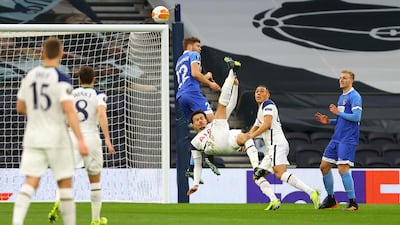 Dele Alli scores Tottenham Hotspur's first goal with a overhead kick during the Europa League last-32, second leg against Wolfsberger at the Tottenham Hotspur Stadium on Wednesday, February 24. Spurs won 4-0 on the night, 8-1 on aggregate. Getty