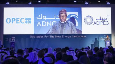 Mohammad Barkindo, the Opec Secretary General, makes a speech during the opening ceremony of Adipec in Abu Dhabi on Monday. Mona Al Marzooqi / The National