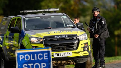 Armed police maintain road blocks and security checks around RAF Fairford in Gloucestershire. Getty Images