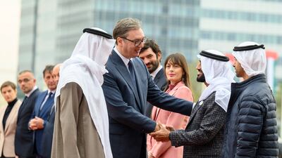 Mr Vucic greets Sheikh Nahyan bin Zayed. Photo: Mohamed Al Hammadi / Presidential Court