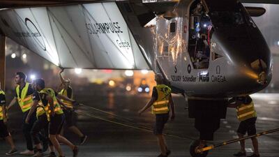 The Solar-powered Solar Impulse 2 prepares to take off from the Cairo International Airport. Khaled Desouki / AFP