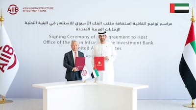 Dr Sultan Al Jaber, President-designate of the Cop28 summit and UAE governor of the Asian Infrastructure Investment Bank, and Jin Liqun, president of the AIIB, at the signing of the agreement to open its office in Abu Dhabi. Photo: AIIB
