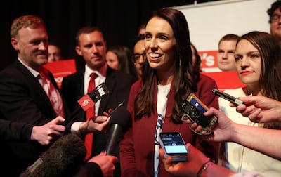 Ms Ardern addresses media at a Labour Party rally. Michael Bradley / AFP