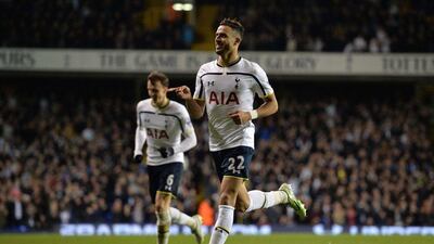 Tottenham Hotspur's Nacer Chadli celebrates scoring their second goal in a League Cup victory over Newcastle United on Wednesday. Glyn Kirk / AFP / December 17, 2014