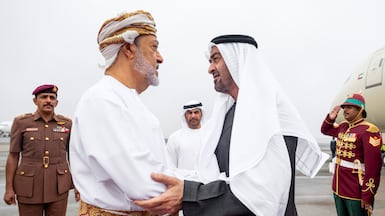 President Sheikh Mohamed is welcomed by Sultan Haitham on his arrival in Salalah. Photo: Hamad Al Kaabi / UAE Presidential Court