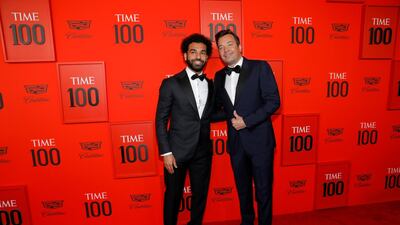 Jimmy Fallon and Mohamed Salah arrive on the red carpet for the Time 100 Gala at the Lincoln Center in New York on April 23, 2019. Reuters