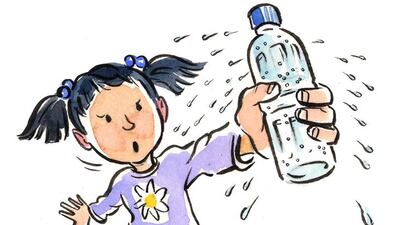 7. Over the sink, poke tiny pinholes into a plastic water bottle using a sewing needle. Gently wipe down the outside, and set the bottle on the counter. When someone picks it up, the pressure of their hand will cause a light spray of water to go everywhere.
