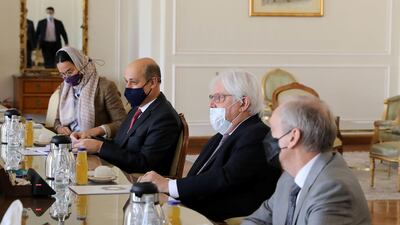 Martin Griffiths, UN special envoy for Yemen, meets with Iranian Foreign Minister Mohammad Javad Zarif in Tehran, Iran, February 8, 2021. Iranian Foreign Ministry/WANA (West Asia News Agency)/Handout via REUTERS