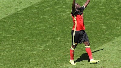 Belgium forward Romelu Lukaku celebrates his second goal, and his team’s third, during the Euro 2016 Group E football match between Belgium and Republic of Ireland at the Matmut Atlantique stadium in Bordeaux on June 18, 2016. Mehdi Fedouach / AFP