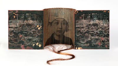 The Cloister, 2011. From the series Immolation, 2009–19. Transfer prints on Japanese paper and acrylic with stitching, metal leaf. Photo: Carla Rippey / Prix Pictet