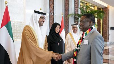 Dr Sultan Al Jaber, UAE Minister of State greets Emmerson Mnangagwa, President of Zimbabwe, during a reception at the Presidential Airport. Ryan Carter for the Ministry of Presidential Affairs