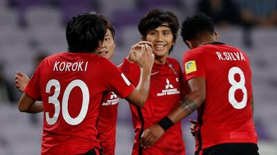 Urawa Red Diamonds’ Yosuke Kashiwagi celebrates scoring their second goal with teammates. Amr Abdallah Dalsh / Reuters