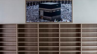 An empty shoe shelf at the Islamic Cultural Centre and Mosque in Madrid, Spain, on Thursday, April 23, 2020. AP