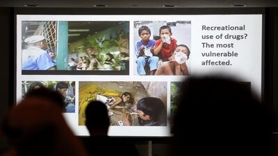 A visual aid to a presentation by the United Nations Office on Drugs and Crime at the WHO Drugs Conference held in Abu Dhabi this week. Pawan Singh / The National