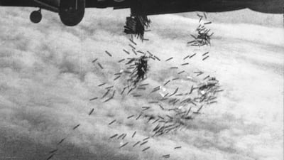 Bombs are released from a Royal Air Force Lancaster bomber high above Germany during the Second World War. SSPL / Getty Images