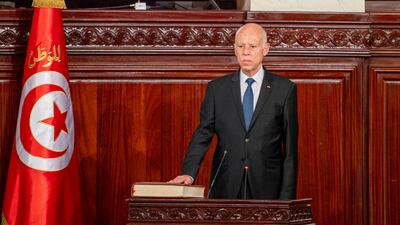 Tunisia's President Kais Saied takes oath in Tunis following his re-election. AP