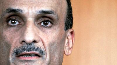 Freed christian former warlord Samir Geagea gestures during a press conference following his release 26 July 2005 at Beirut International Airport. Joseph Barrak / AFP Photo