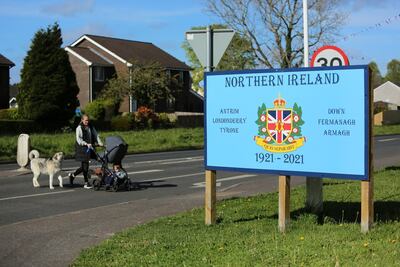 A sign in the loyalist community of Ballymacash, Lisburn, celebrating the landmark 100-year anniversary of Northern Ireland that comes at the very moment the unionist tradition that drove its creation is widely seen as rudderless. Paul McErlane