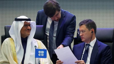 Saudi Arabia's Minister of Energy Prince Abdulaziz bin Salman Al-Saud and Russia's Energy Minister Alexander Novak are seen at the beginning of an OPEC and NON-OPEC meeting in Vienna last week. Reuters