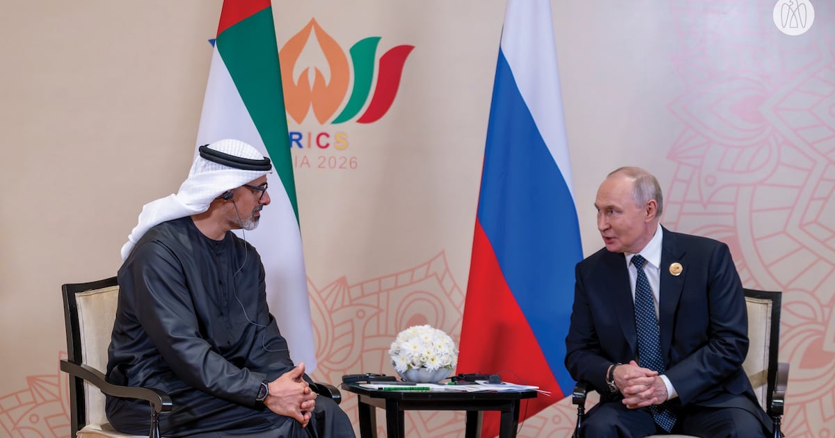 Photo: Thenationalnews Sheikh Khaled bin Mohamed, Crown Prince of Abu Dhabi, meets Russia's President Vladimir Putin during the Brics summit in New