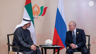 Sheikh Khaled bin Mohamed, Crown Prince of Abu Dhabi, meets Russia's President Vladimir Putin during the Brics summit in New Delhi.