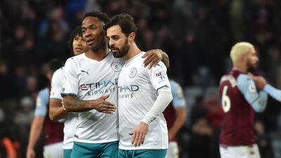 Manchester City wingers Raheem Sterling and midfielder Bernardo Silva after the match against Aston Villa. AP