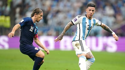 Argentina midfielder Enzo Fernandez shields the ball from Croatia's Luka Modric in the World Cup semi-final.